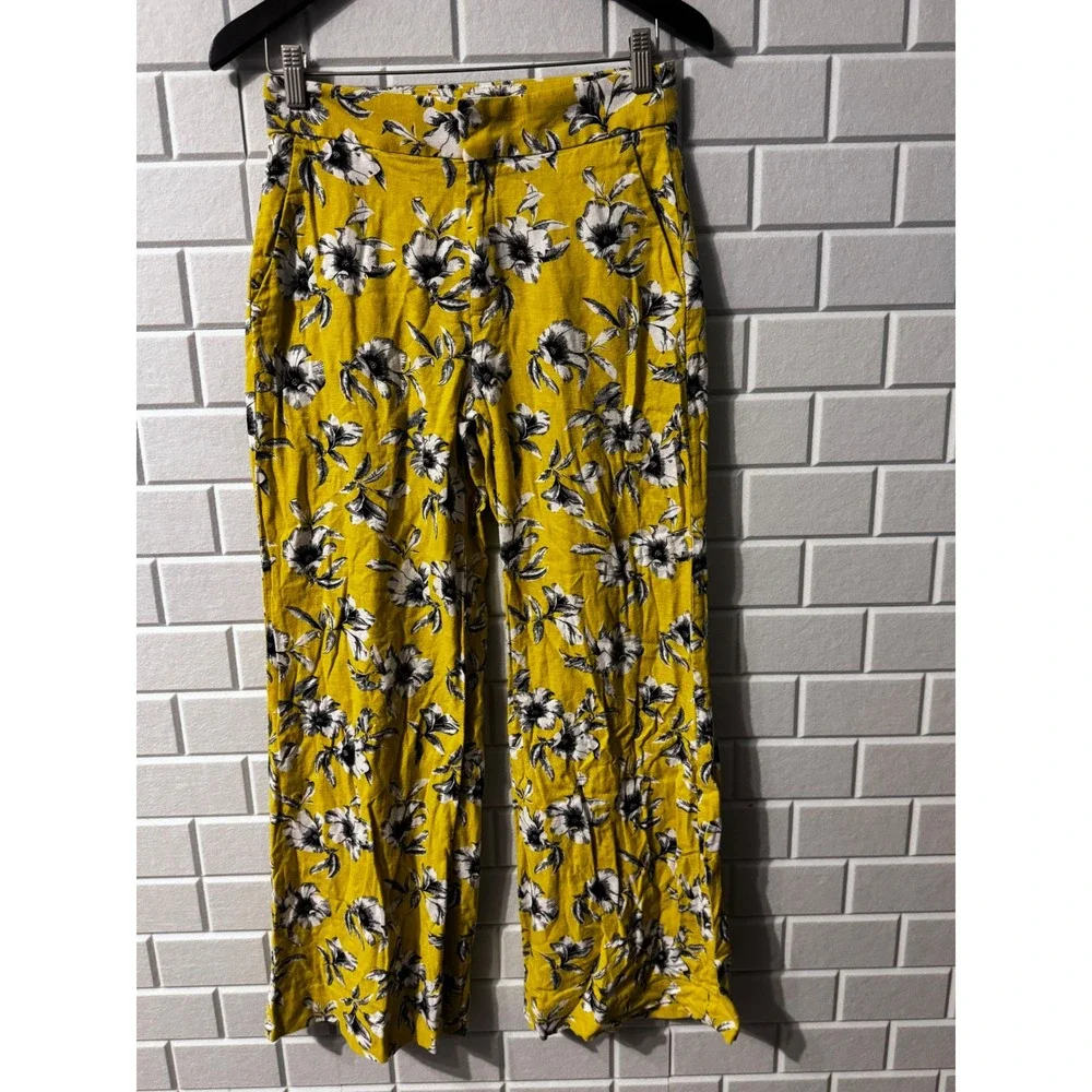 Banana Republic Womens Yellow Floral Linen Blend Wide Leg Trousers Size 4